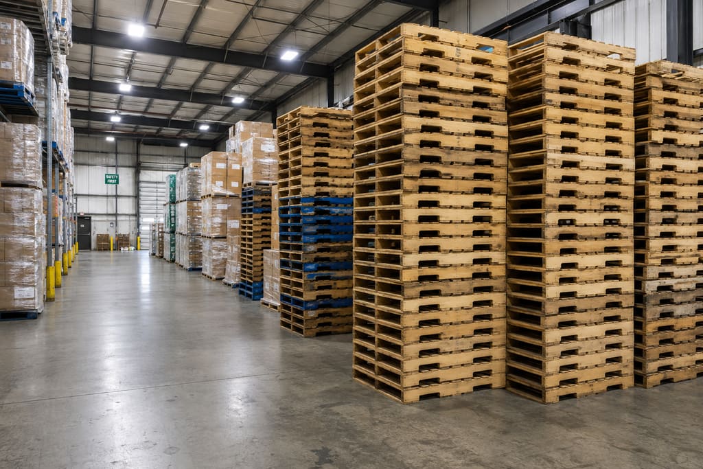 Warehouse aisle with tall stacks of recycled 48x40 wood pallets on the right and racked, wrapped loads on the left.