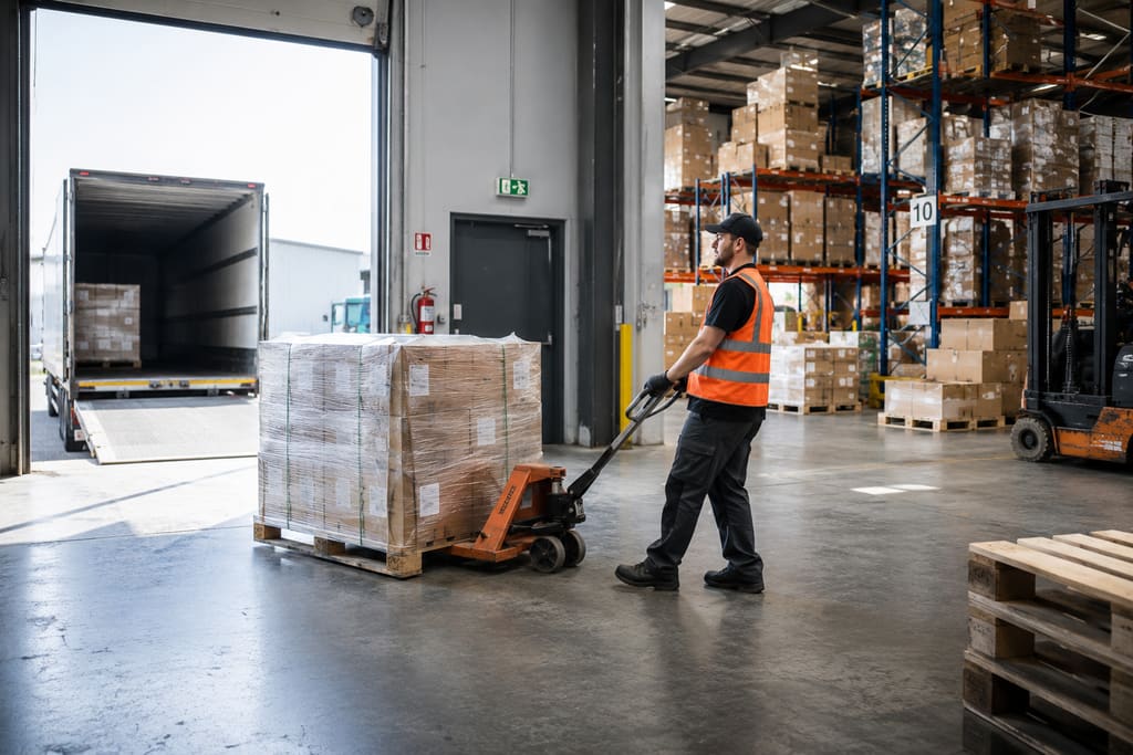 Warehouse worker in a hi-vis vest moving a wrapped pallet load with a manual pallet jack towards an open trailer at a dock door.