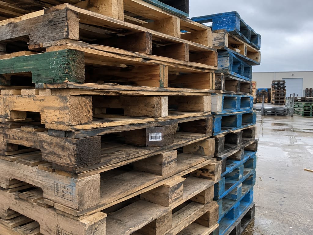 Close-up of weathered wood pallets stacked outdoors, with an IPPC heat-treatment stamp reading US 163579 HT visible on a stringer, and blue pool pallets alongside.