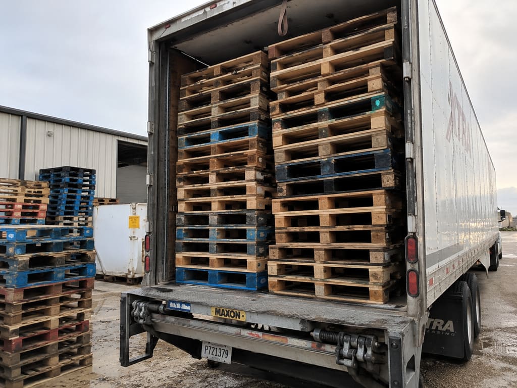 Rear of a trailer loaded floor to ceiling with stacked used pallets, lift gate down, at a yard on a wet day.