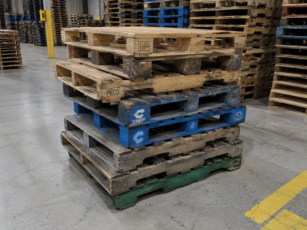 A short stack of six different used pallets showing the variety of construction and branding, including a blue CHEP pallet and a PECO-stamped pallet.