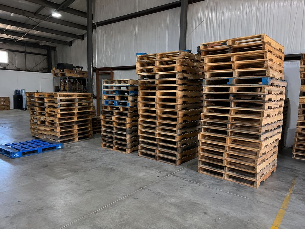 Sorted stacks of graded wood pallets in a warehouse, with a blue plastic pallet lying on the floor in the foreground.