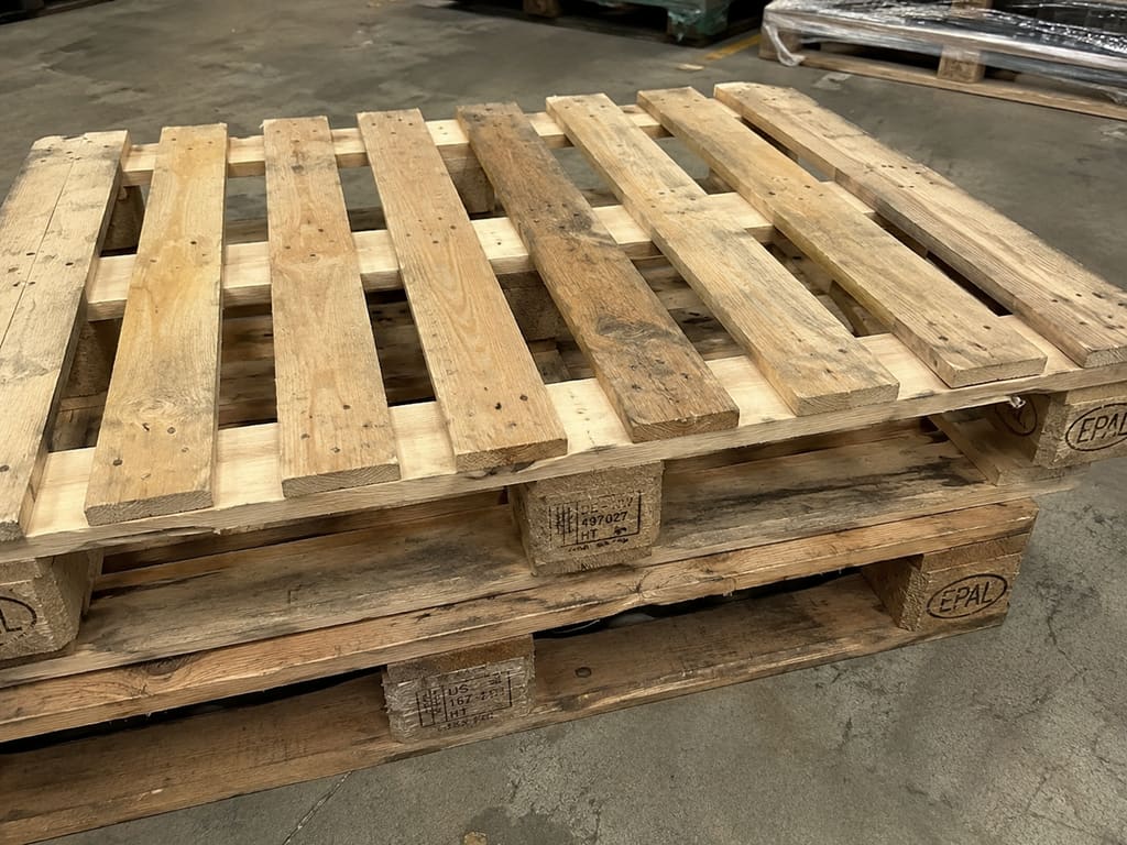 Two EPAL block pallets stacked, with IPPC heat-treatment stamps burned into the corner blocks reading DE-NW 497027 HT and US 167 HT.